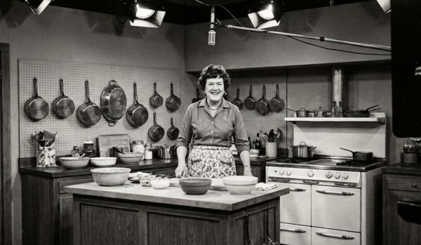 Julia Child standing in her TV kitchen set smiling at camera in the 1960s