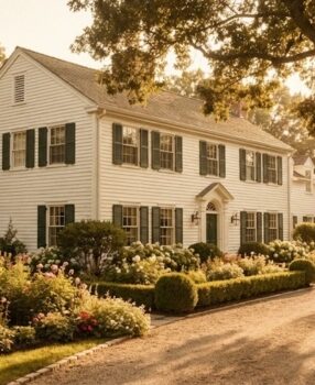 Elegant French-American style home with white shutters and front garden