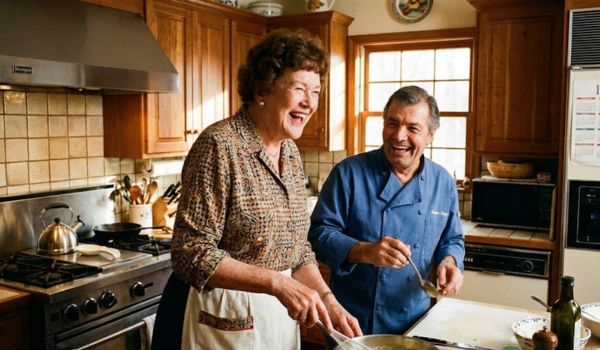 Julia Child and Jacques Pépin cooking together in a kitchen laughing