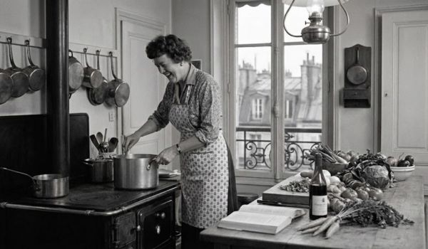 Woman cooking in a 1950s Parisian kitchen with vintage French decor