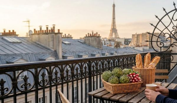Paris rooftops and French market evoking Julia Child's years in France