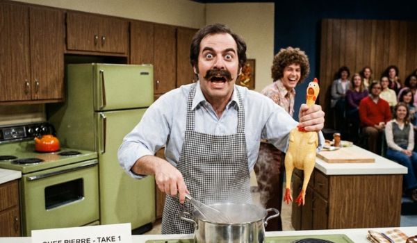 Comedy sketch of a chef in a kitchen making exaggerated expressions 1970s style