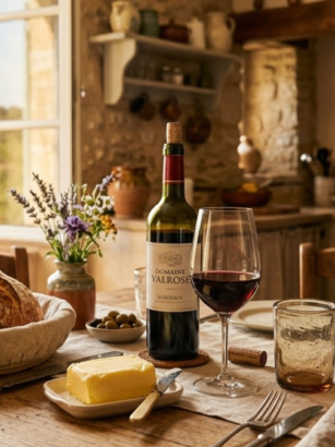 A French country kitchen table with wine, bread, and butter as a woman cooks in the background