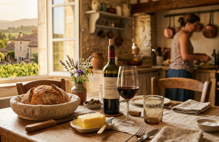 A French country kitchen table with wine, bread, and butter as a woman cooks in the background