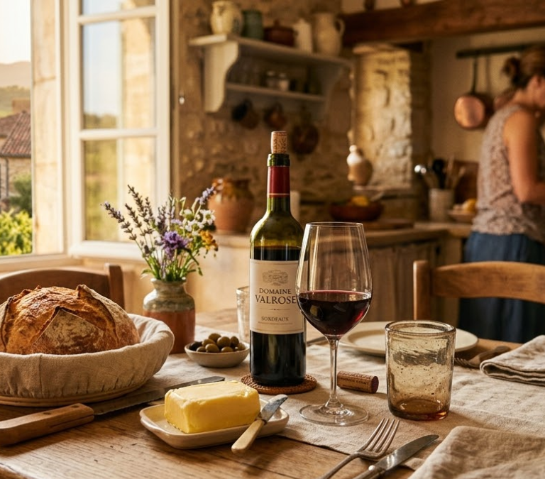 A French country kitchen table with wine, bread, and butter as a woman cooks in the background